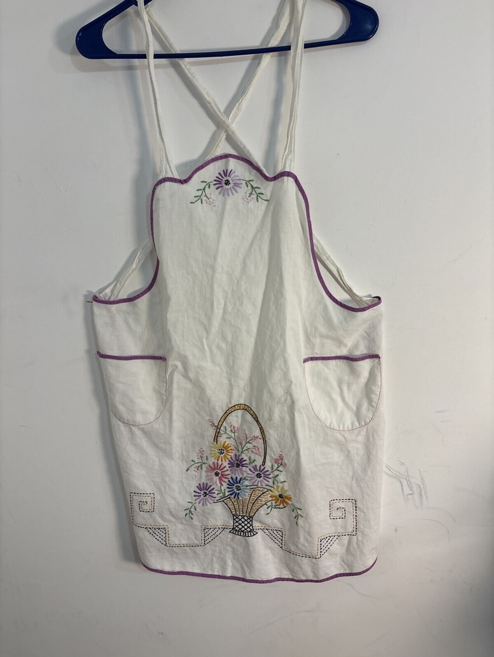 Vintage Hand Embroidered Full Bib Apron White Cotton Floral Basket Purple Trim
